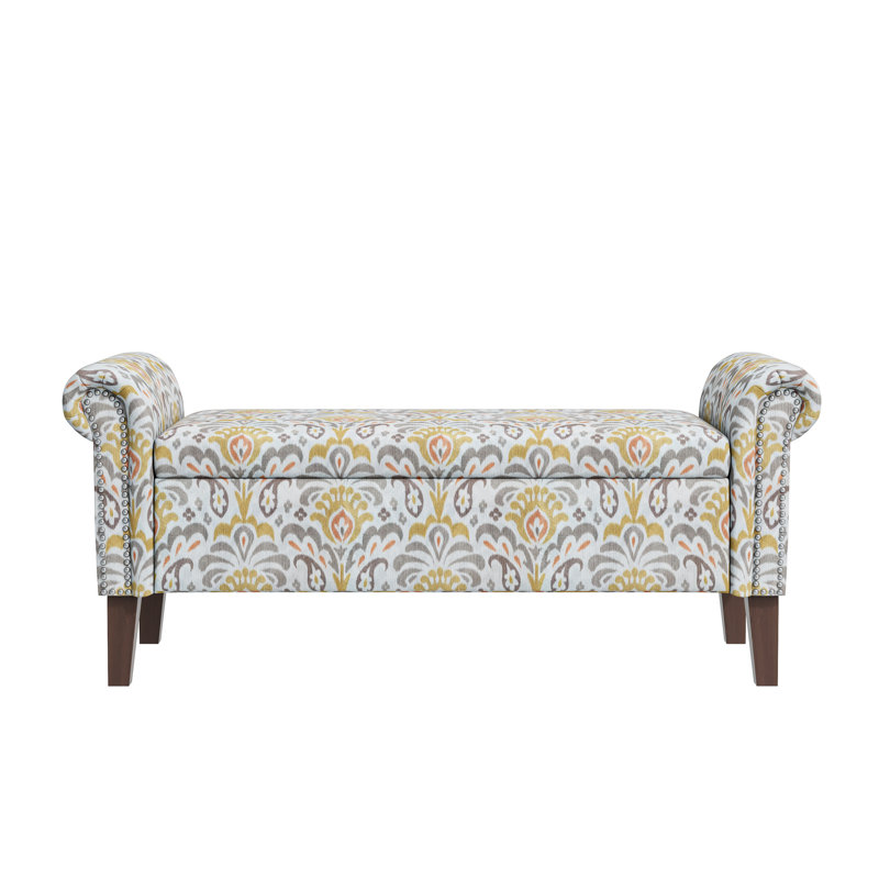 Rangement - Banc à structure en bois franc, revêtement à motif floral, capacité de soutien de 300 lb, 56,11 po Profond, bras roulés, impression, option pratique