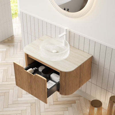 Meuble-lavabo moderne avec rangement en bois, armoire flottante incurvée et lavabo en verre