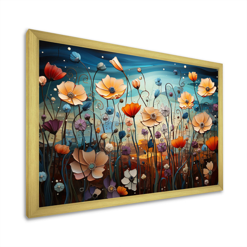 "Floral Rhapsody Pointillism Dot", reproduction d'art sur toile, H 16 po x l 32 po x P 1 po, Cadre doré à une seule photo