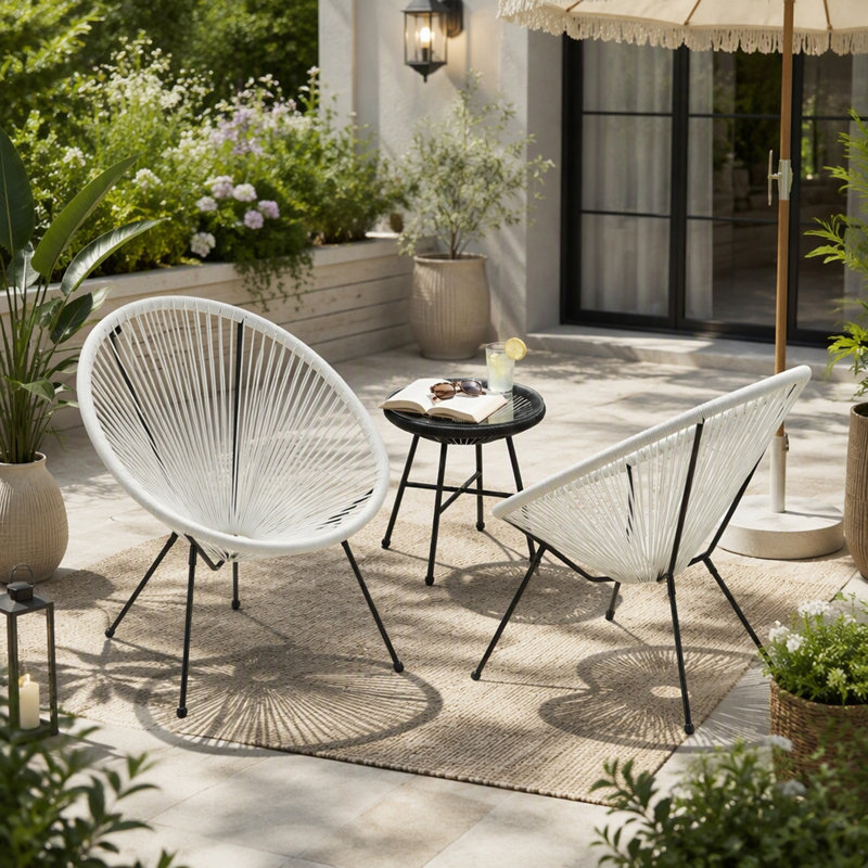 Ensemble de 2 chaises de bistro Anson, chaises d'extérieur en faux rotin avec structure en acier, chaises rondes modernes pour patio, jardin et piscine (blanches)
