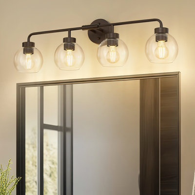 Éclairage pour salle de bain 4 lumières avec abat-jour globe en verre transparent, bronze huilé