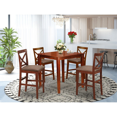 5 Piece Counter Height Pub Set Includes a Square Dining Table and 4 Linen Fabric Kitchen Dining Chairs, Brown