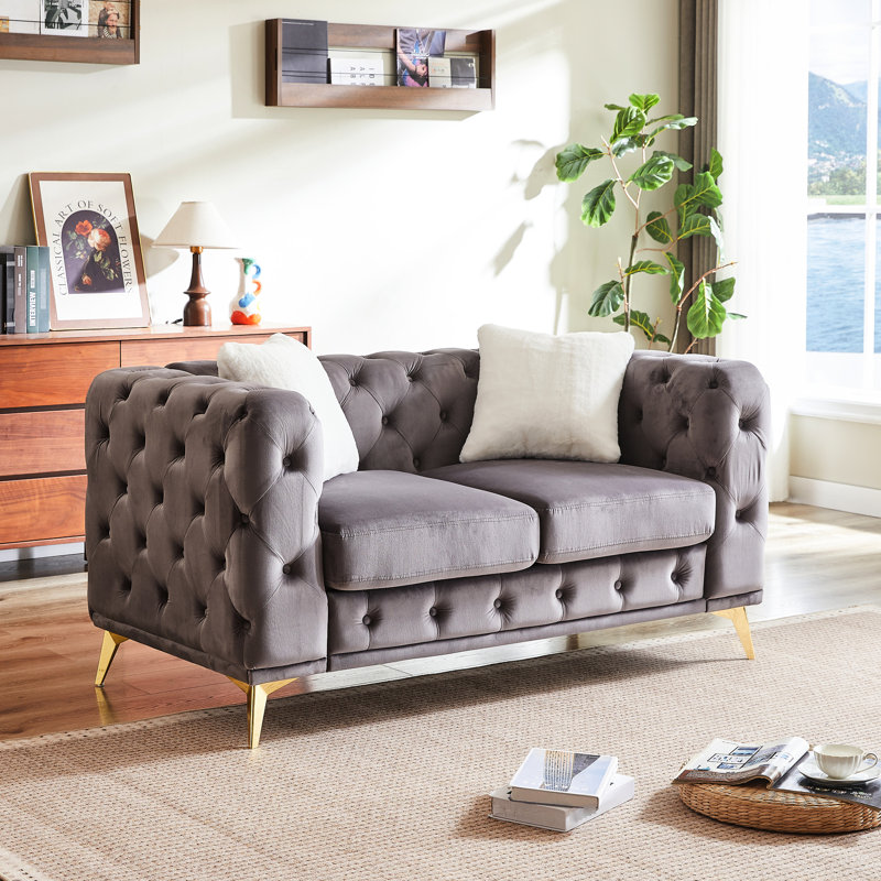 62,58 po, velours royal, capitonnage, 2 coussins décoratifs, pieds en métal, sièges à ressorts et en mousse définis avec motif à boutons, pieds, confortable pour le bureau