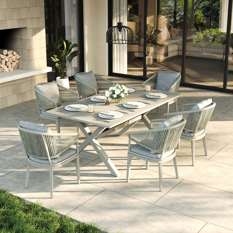 Ensemble repas extérieur pour 6 personnes avec coussins, Coussin gris clair / structure blanche, 7 pièces: table, 6 chaises