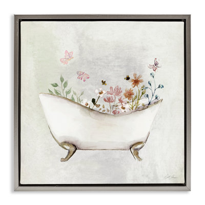 Butterfly Floral Bath Gray Framed Floater Canvas Wall Art by Stella Chang