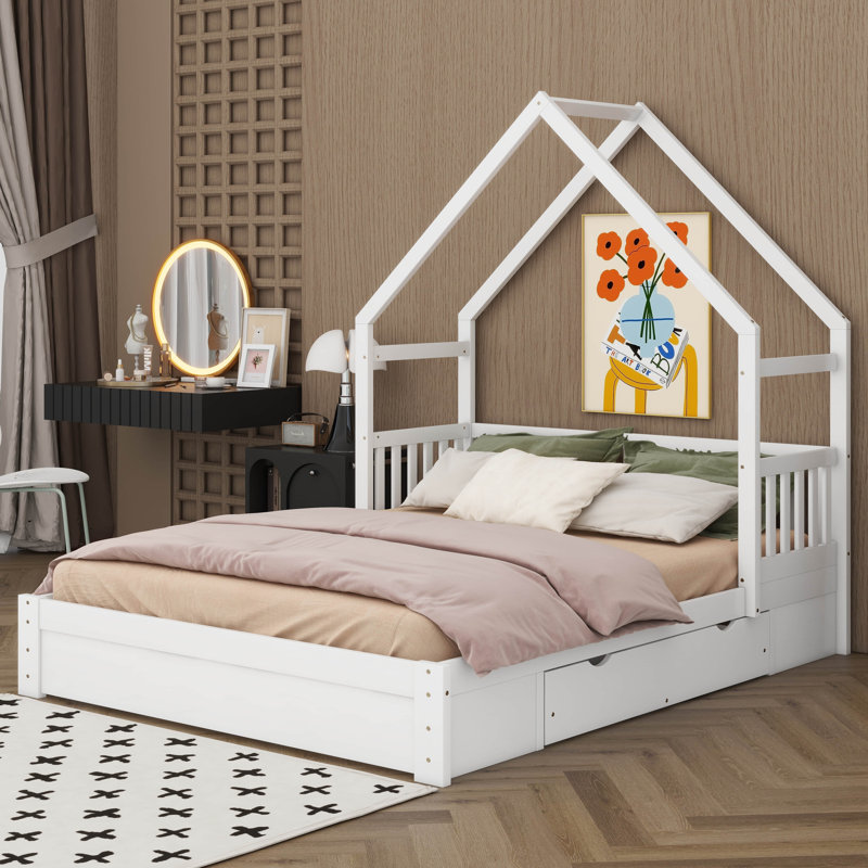 Queen Size House Bed For Kids, Floor Low Platform Bed With 2 Storage Drawers, Wood Bed Frame With Guardrails And Roof, White