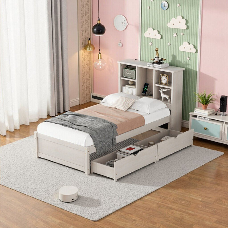 Structure de lit simple moderne avec port USB intégré, tête de lit bibliothèque et 2 tiroirs - blanc délavé, Blanchies