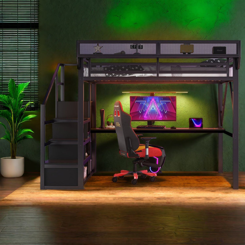 Space-saving Metal Loft Beds, Queen Size With Storage And Desk For Home