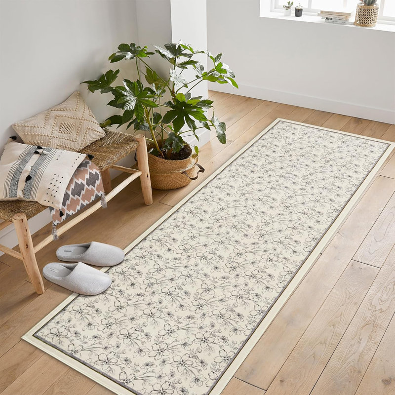 2x6 Washable Boho Floral Runner, Non-Slip, Low Pile, Soft Throw Rug for Entryway, Kitchen, Kids Room, Beige, Green, Blue, Small Machine Washable.