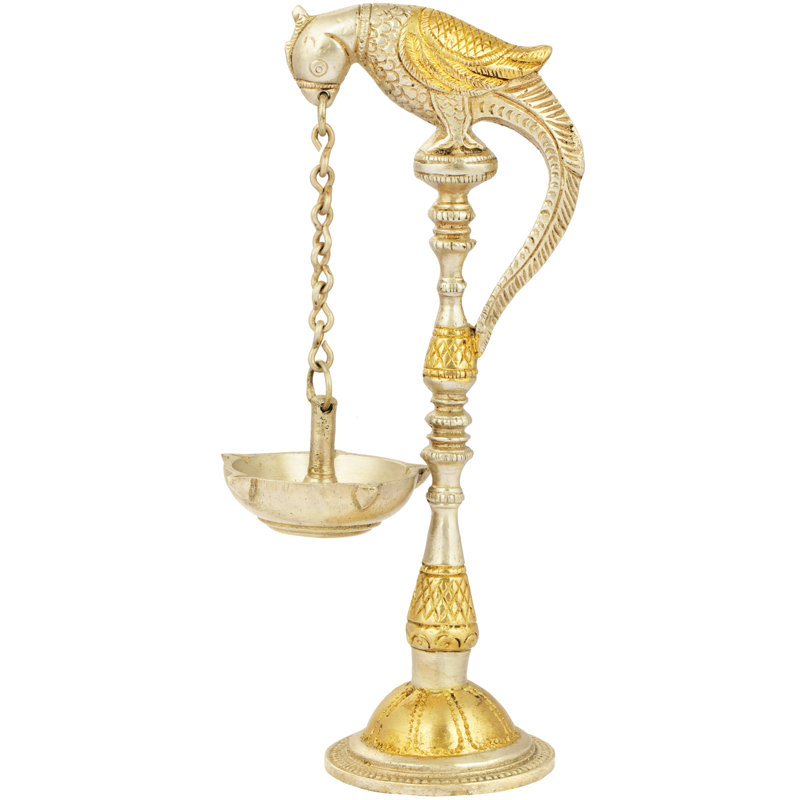 Lampe de perroquet en laiton fabriquée à la main à cinq mèches avec support - art indien Diya de 7 pouces, finition or argenté, maison sacrée, autel, décor festif