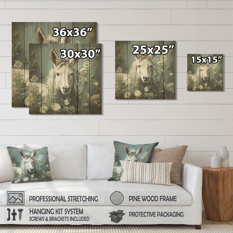 Farmhouse Donkeys Flower Charm II - âne sur bois, H 15 po x l 15 po