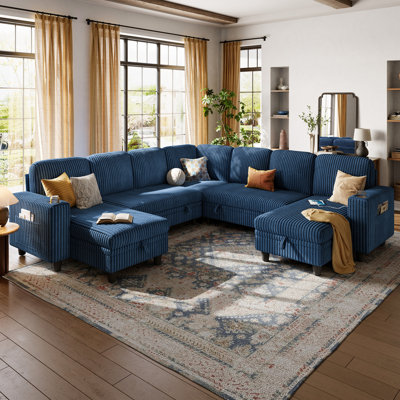 Sherry 106" Upholstered Modular Corner Sectionals with Pull-out Sofa, Storage, USB Charging & Cup Holders
