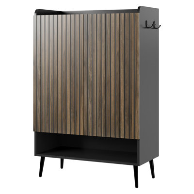 Armoire à chaussures moderne en bois à 6 niveaux avec 2 portes sans poignée, tablettes réglables et crochets latéraux, rangement pour chaussures de grande capacité pouvant contenir 25 à 30 paires pour le couloir
