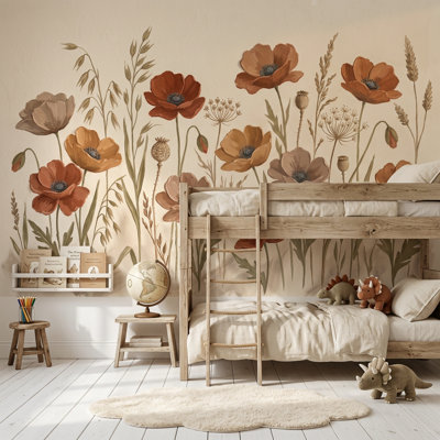 Motif de fleurs sauvages, coquelicots, illustration botanique, décoration murale amovible