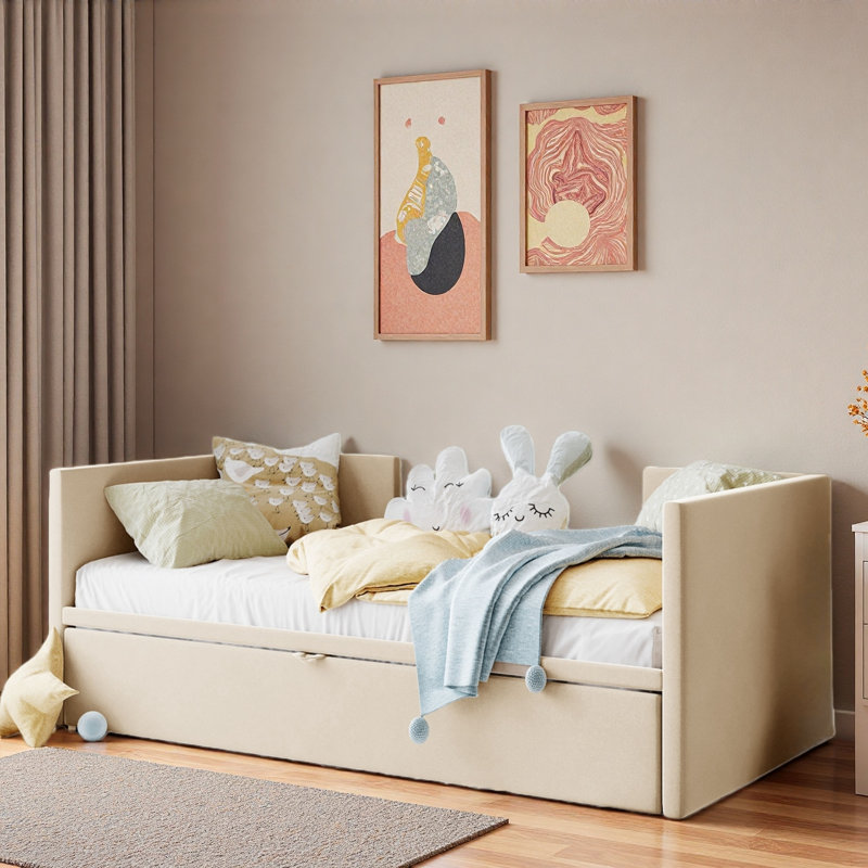 Upholstered Daybed With Pop Up Trundle, Beige