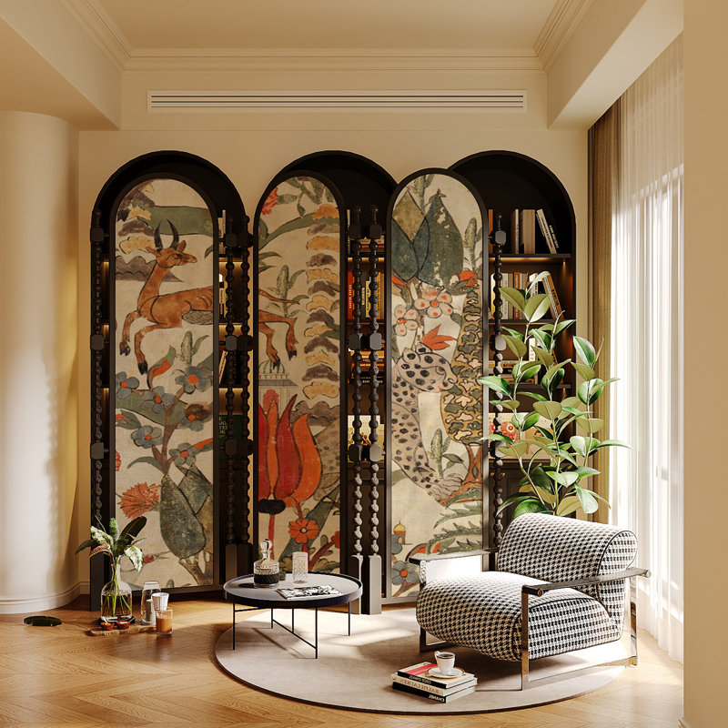 Paravent en bois massif pliable et mobile, écran à imprimé floral abstrait, 94.49" H x 70.87" W x 1.57" D