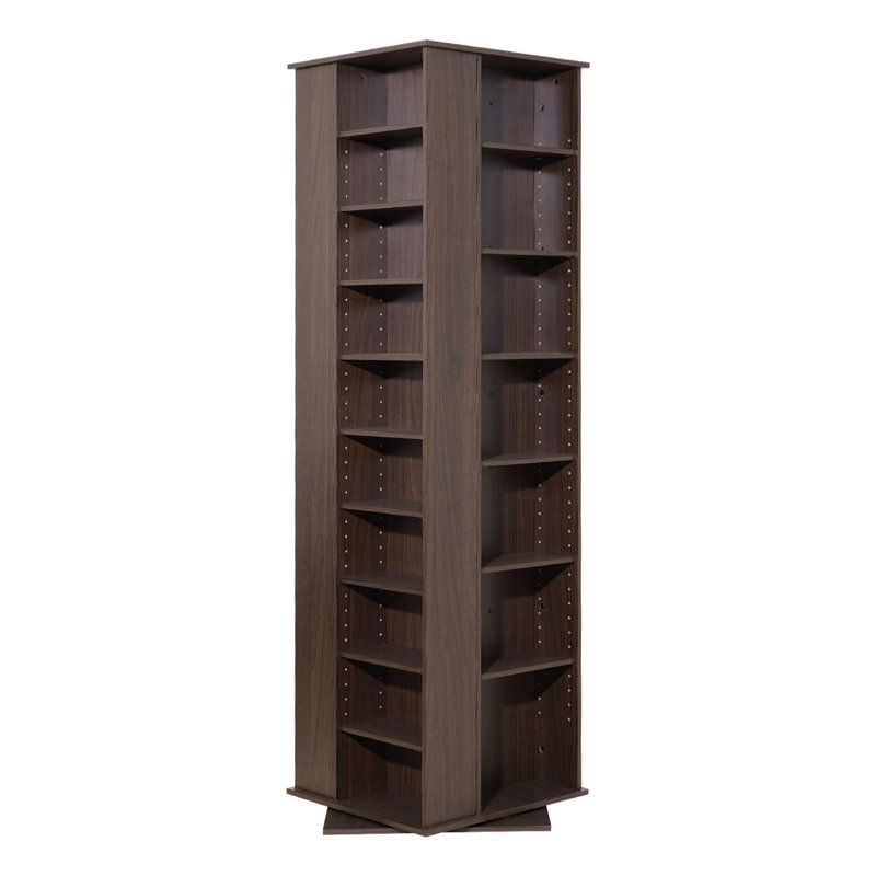 Tour de rangement à média rotatif brun à 34 compartiments, meuble multimédia à panneau de particules rotatif à 360 degrés avec tablettes réglables, support de rangement pour CD et DVD pour jeux vidéo