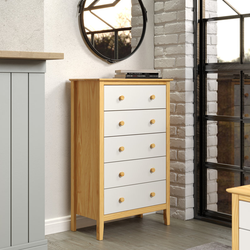 Marzi Solid Wood 30'' W 5 - Drawer Dresser, Natural/White