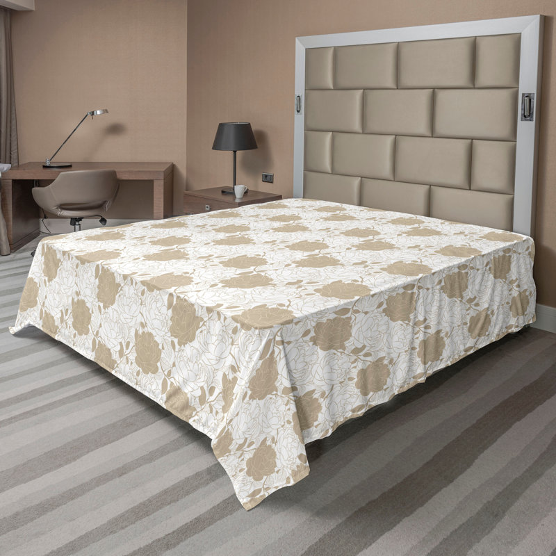 Drap plat moderne de style bohème Ambesonne, Sépia pâle, blanc / floral, Drap plat grand