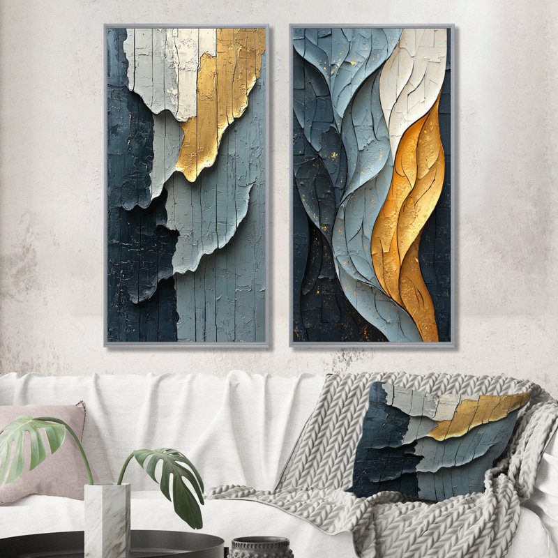 Or gris ombres éphémères I - Collection d'art mural abstrait 2 pièces, H 40 po x l 41 po, Encadrement argenté