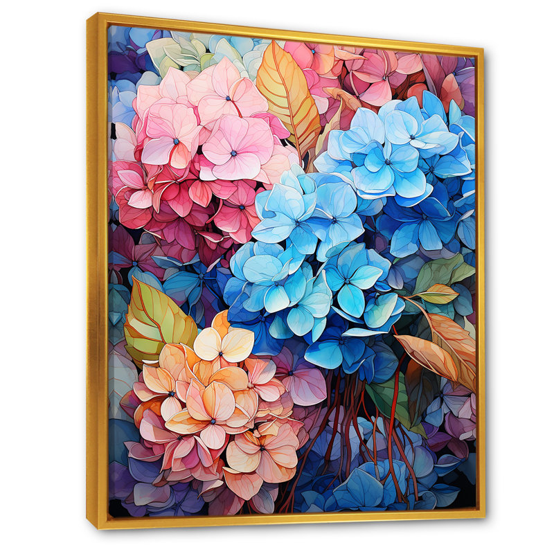 Hortensia bleue et orange II sur toile, Cadre flottant doré, H 32 po x l 24 po x P 1 po