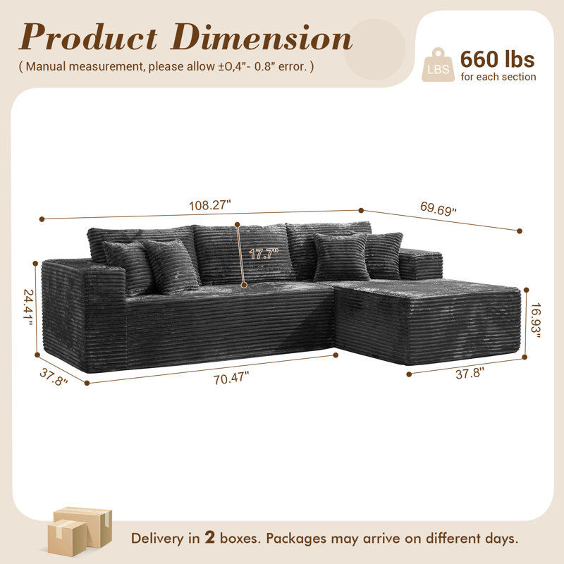 No Assembly Required Compression Packed 2 - Piece Sofa Boneless, Right Hand Facing, Gray Corduroy