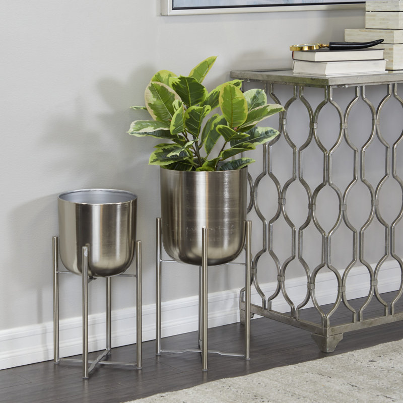 Silver Metal Indoor Outdoor Planter Set with Removable Stand, 19" and 22"