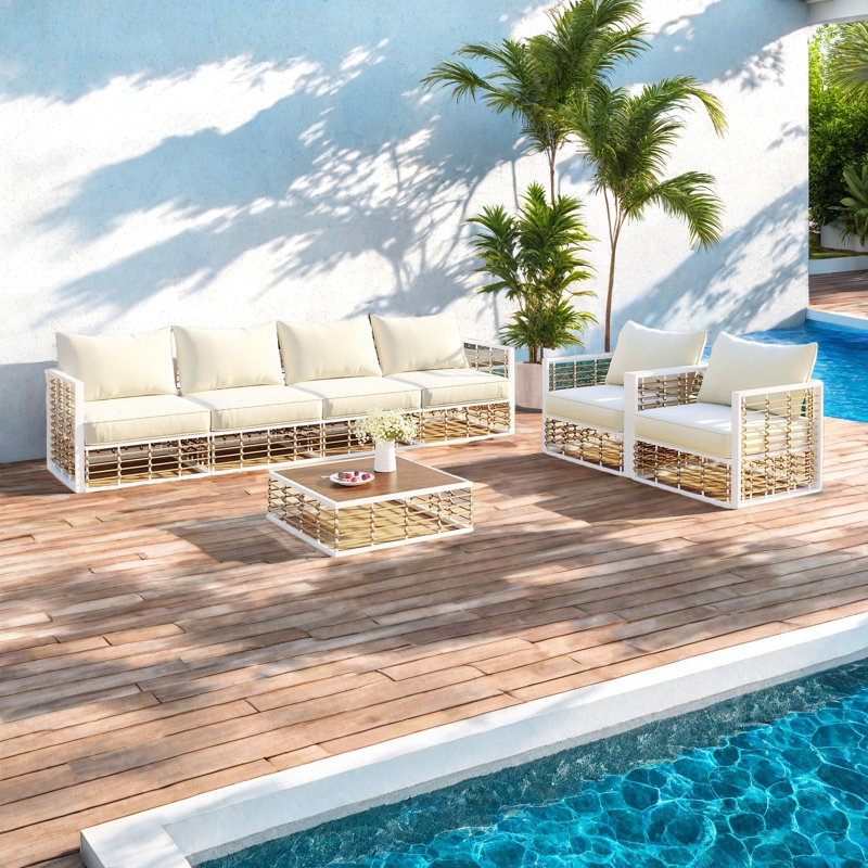 Ensemble de canapé modulaire de patio en métal 7 pièces Modern Modern, Blanc/naturel