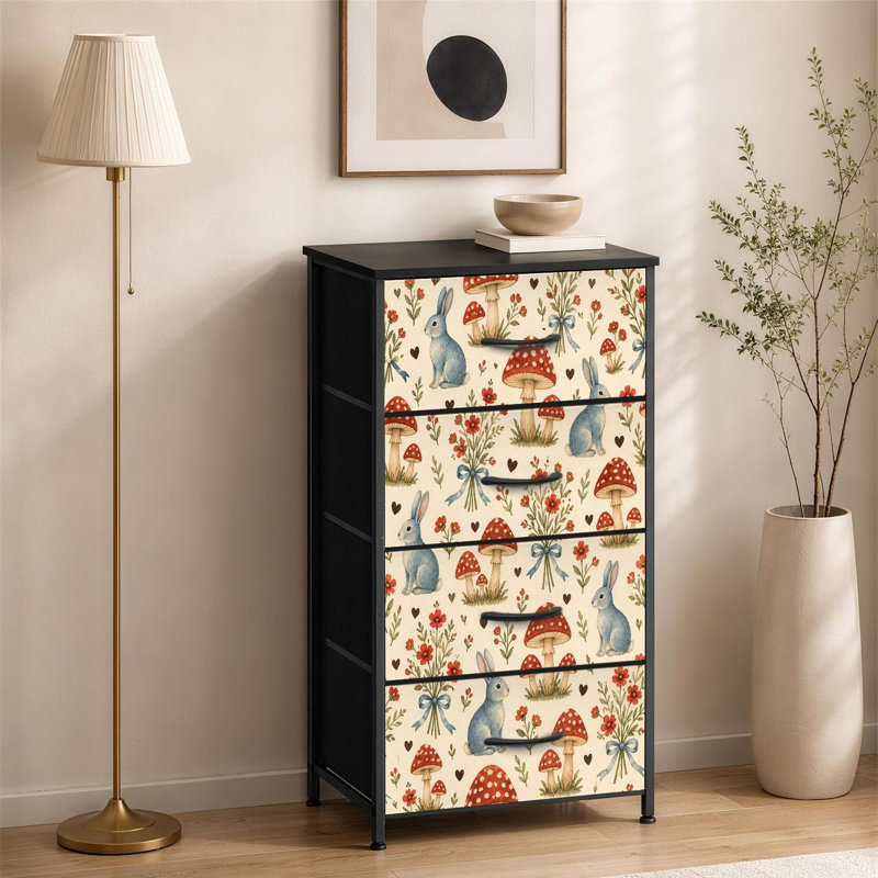 Commode à 4 tiroirs pour la chambre à coucher, fantaisiste, lapins de forêt, champignons, fleurs, petite commode à vêtements pour commode avec commode