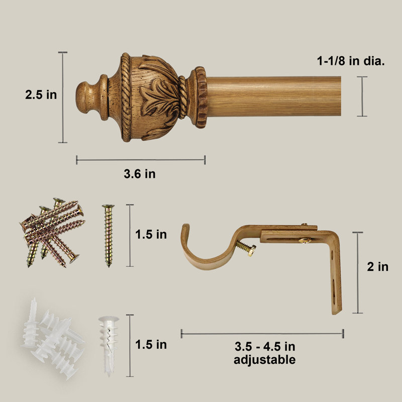 Adjustable 1.125''diameter Single Curtain Rod Set, Natural, 36" - 72"