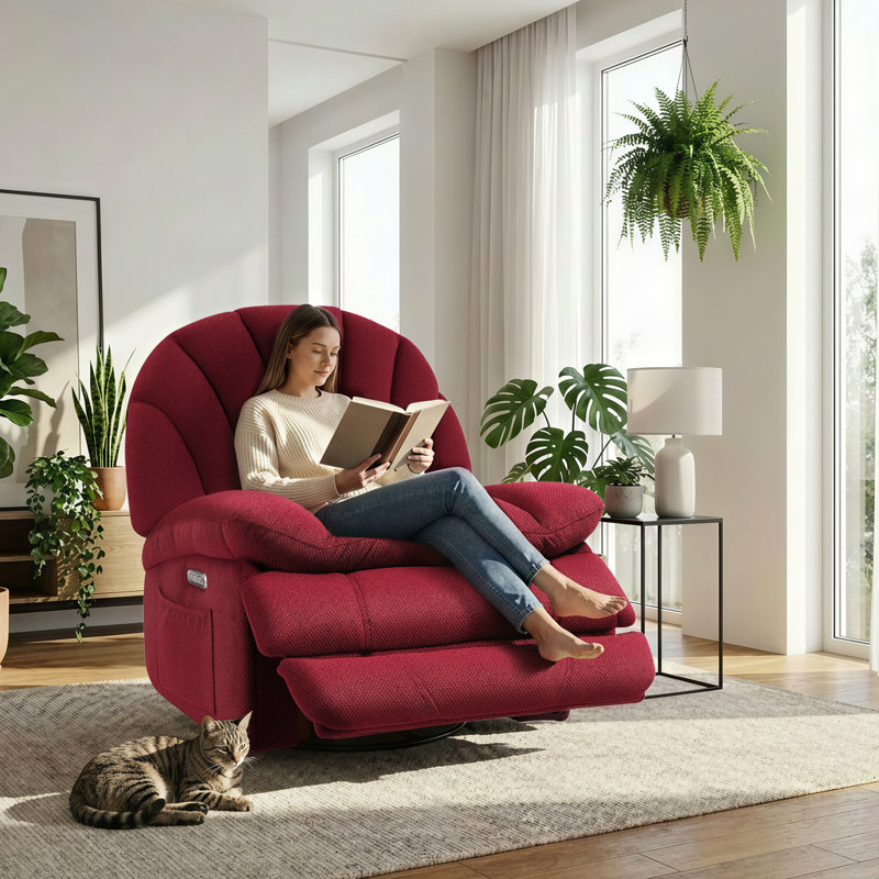  Dual Motor Power Swivel Rocker Recliner Chair for Living Room, Power Adjustable Backrest and Extended Footrest, Shell Shape Recliner Chair with USB Charging Ports, SXXY004021, Burgundy