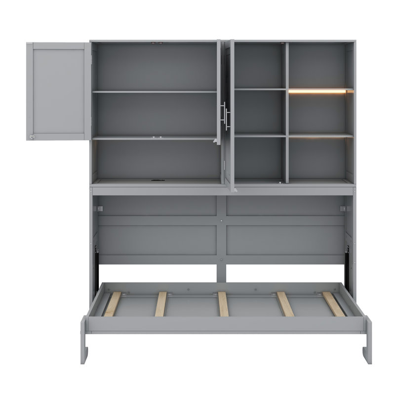 Murphy Bed With Top Cabinet, Shelves, Grey