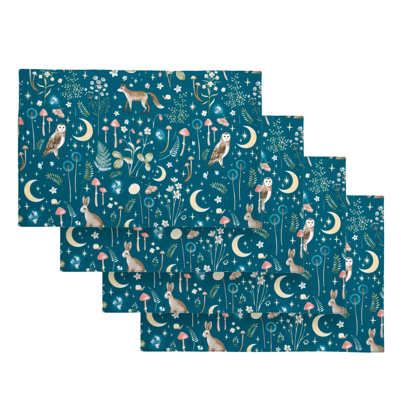 Enchanted Twilight Animals Cotton Dining Placemat 4 Pack, Green