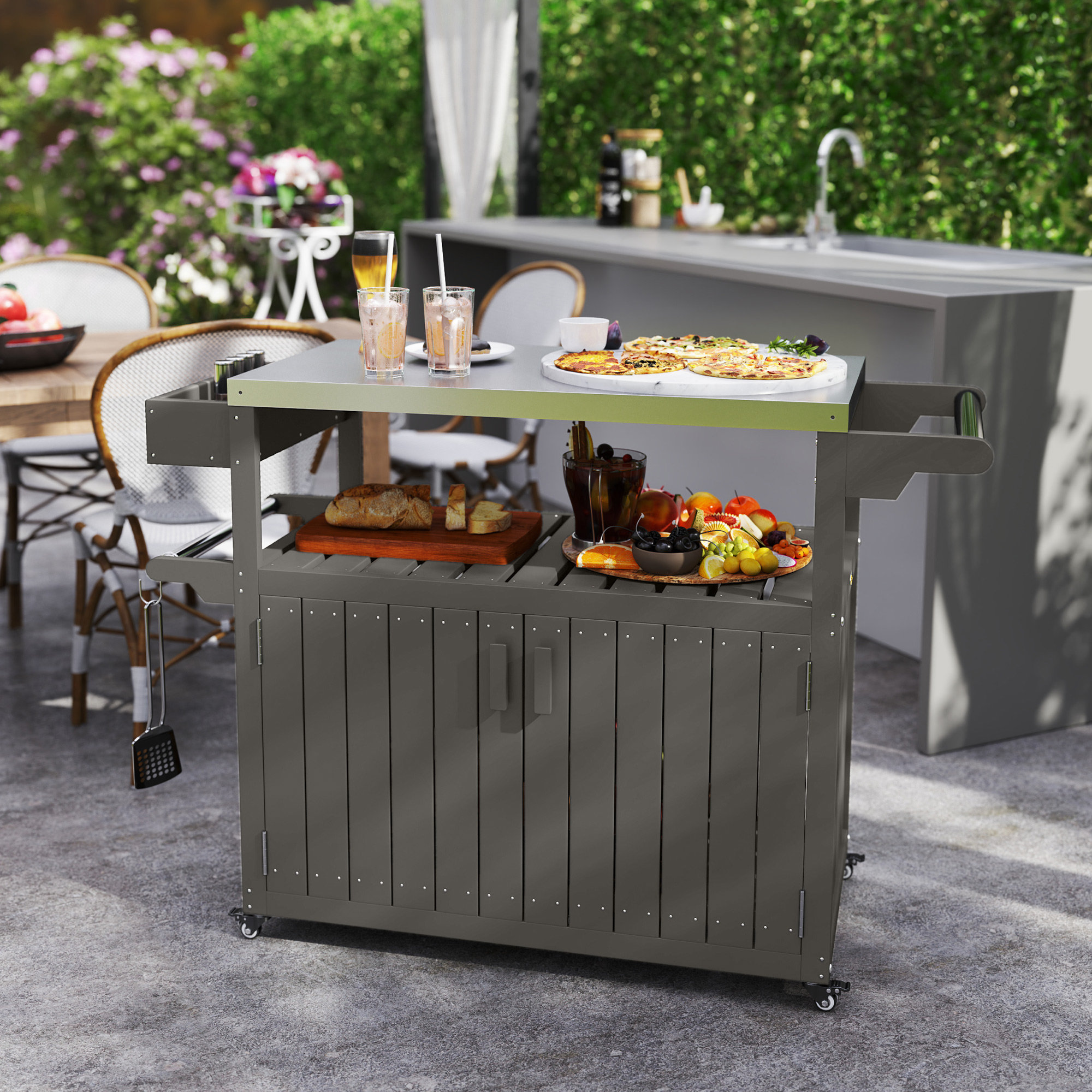 Outsunny Outdoor Bar Cart with Storage Cabinet, Stainless Steel Top ...