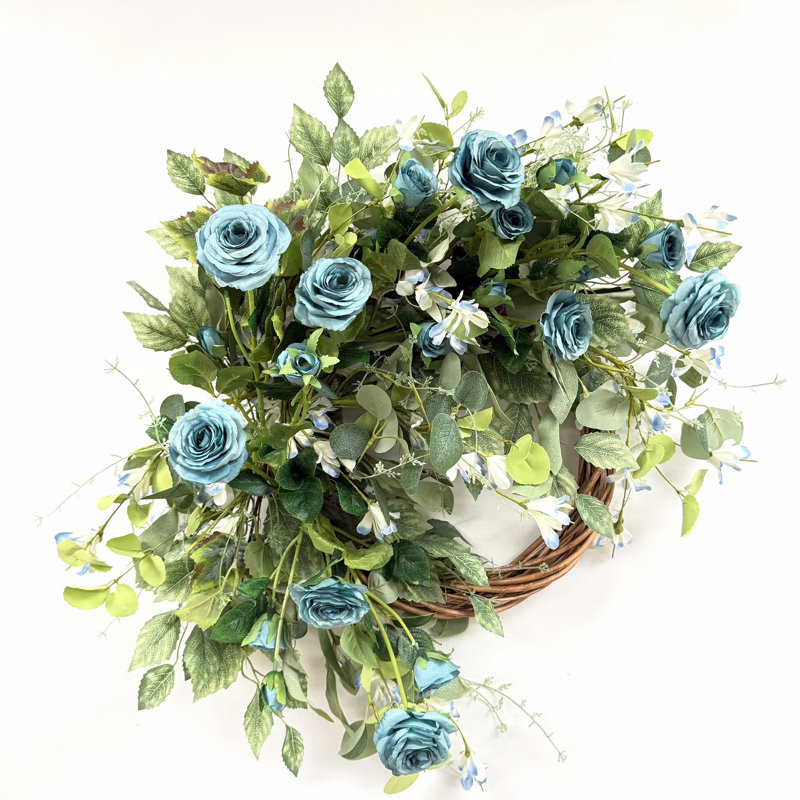 Couronne de 24 po avec demi-anneau de printemps artificiel et feuillage vert été, Vert/bleu
