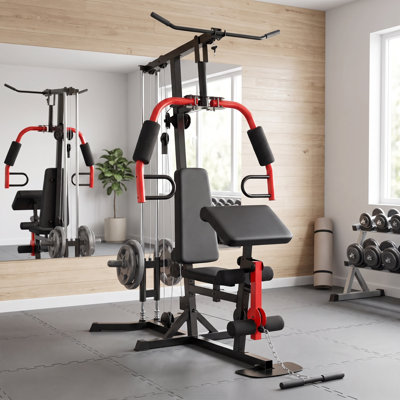 Multifunctional Home Gym Workout Station with Chest Press, Pec Fly, Lat Pulldown, Leg Extension & Preacher Curl, Adjustable Full Body Strength Training Weight Machine for Home Gym