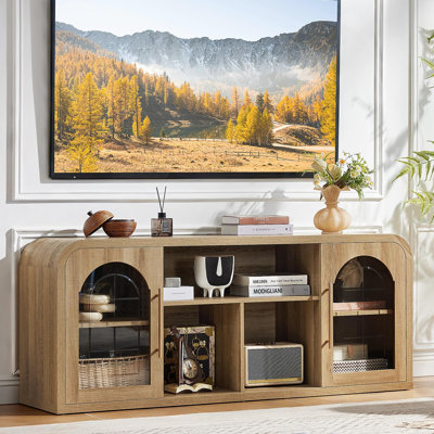 Aarti 58" Curved TV Stand for TVs Up to 65", Modern Entertainment Center with Adjustable Shelves & Glass Door Storage Cabinet, Media Console Table with Cable Management for Living Room
