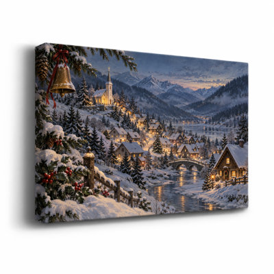 «Winter Village with Golden Bell and Stone Bridge Christmas», art mural sur toile