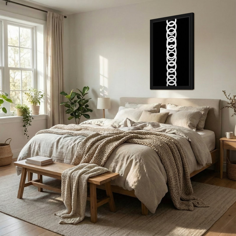 Abstraits anneaux blancs entrelacés sur fond noir, H 18 po x l 12 po