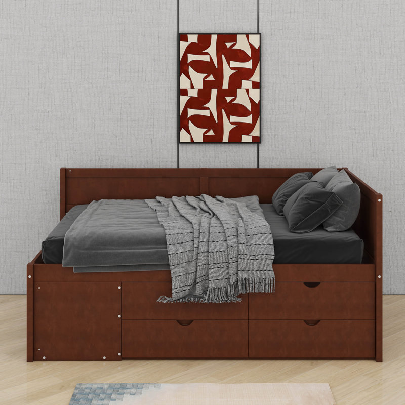 Twin Size Daybed With Drawers And Shelves, Walnut, Twin
