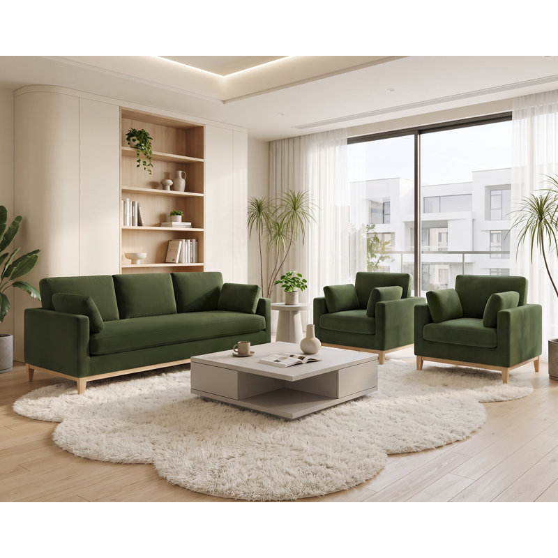 Ensemble de salon 3 pièces en velours, comprenant deux fauteuils et un canapé., 3 Pieces: Sofa, 2 Chairs, Kelly Green