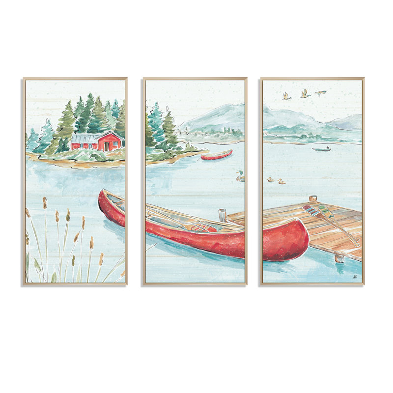 Lake House Canoes II - 3 pièces, reproduction sur toile, Cadre brun, L 36 po x H 20 po