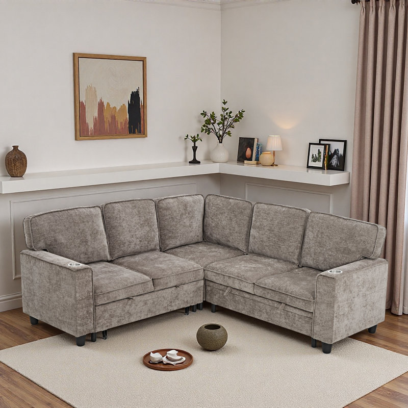 Canapé modulaire en L avec siège de rangement, porte-clés USB et porte-gobelets, Marron clair