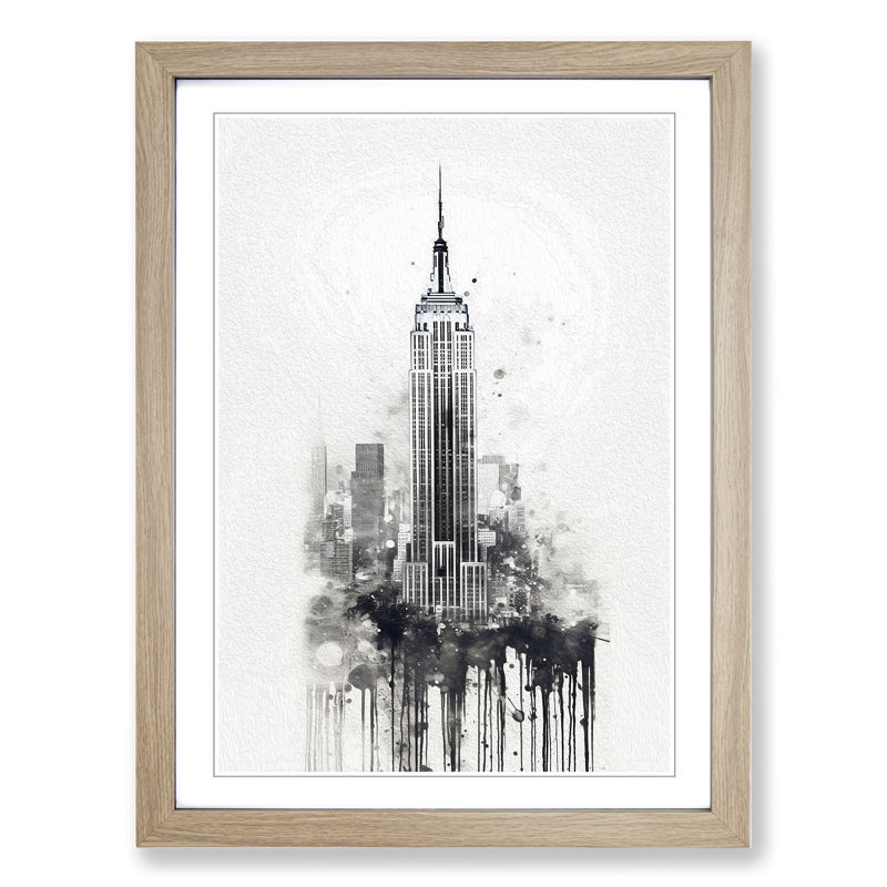 Empire State Building Gestural - Single Picture Frame Print on Wood, 64cm H x 46cm W x 2cm D, Oak
