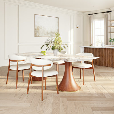 5/7/9 Pieces Rectangular Dining Room Sets, Sintered Stone Tabletop Double Solid Wood Pedestal Kitchen Dining Table Set With Upholstered Chairs