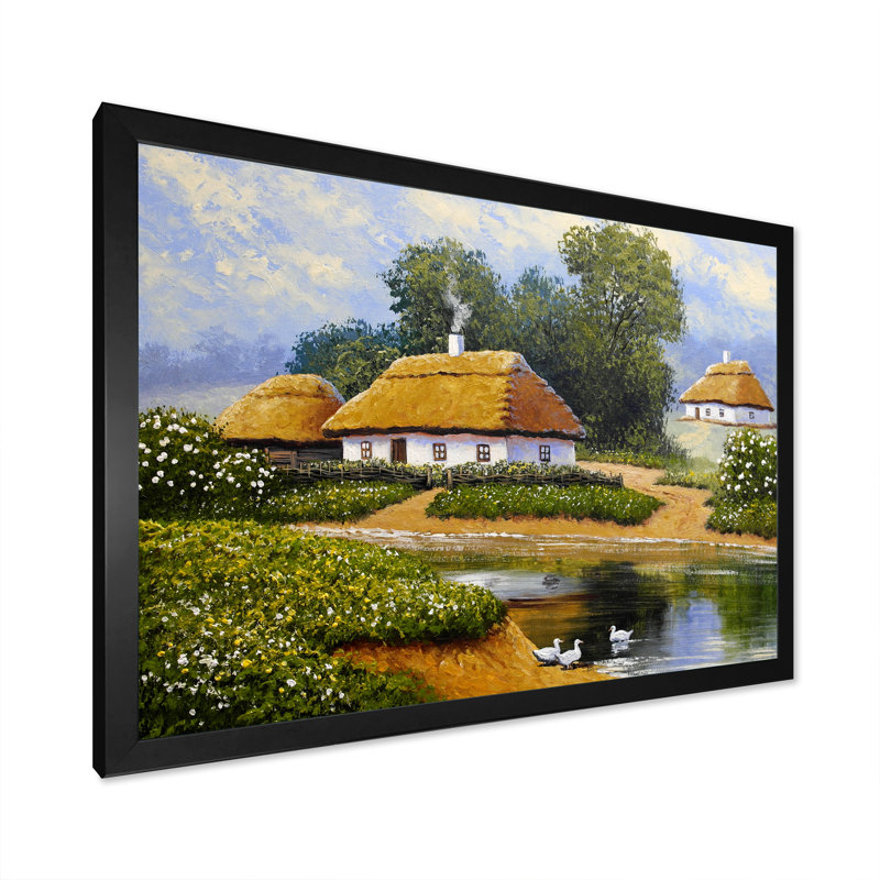 Vieux paysage villageois II - décoration murale traditionnelle sur toile, Cadre photo noir, H 16 po x l 32 po x P 1 po