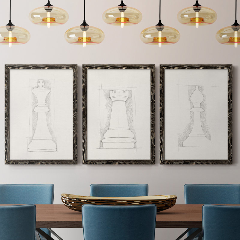 Jeu d'échecs, croquis sur toile de qualité supérieure II - prêt à être accroché, Noir, H 24 po x l 54 po x P 1,5 po