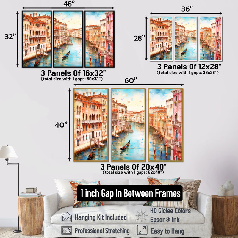 Amariauna - Ensemble d'art mural Venise, Encadrement argenté, H 40 po x l 60 po x P 1 po