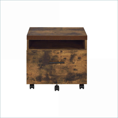 Classeurs | Classeur à roulettes compact 19 po x 16 po | Plateau en chêne brun clair bruni vieilli, finition en métal noir, 1 tiroir de rangement ouvert, serrure incluse | Rustique / Lodge | Bureau