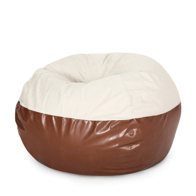 Maxi 5 Foot Two color Fabric and Faux Leather Rounded Bean Bag, Beige and Coffee Brown